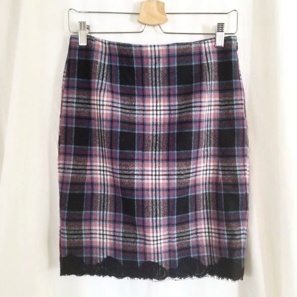 Tibi Lace Trim Red Blue Black & White Check Plaid Wool Pencil Skirt Size 4 - Picture 9 of 15